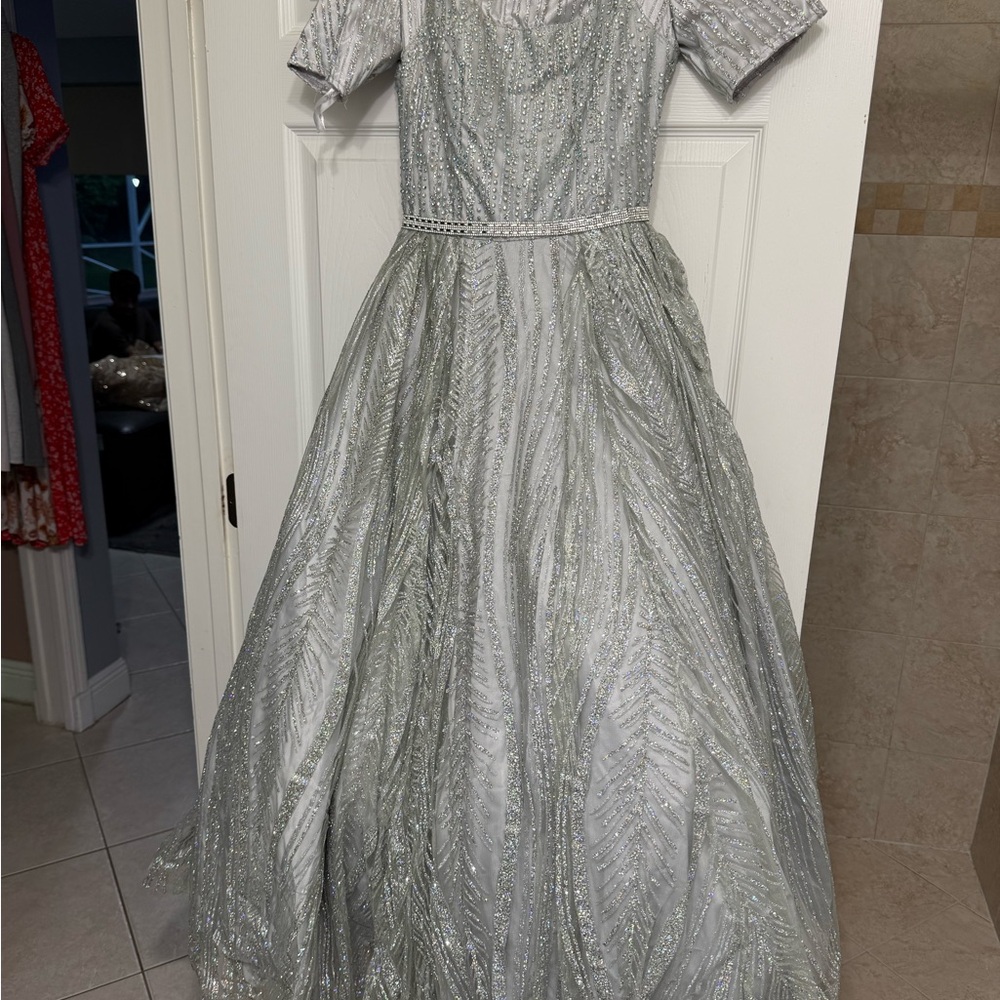 Tiffany Designs Silver Puff Sleeve Sweetheart Prom Gown